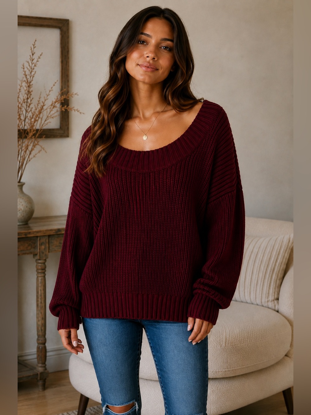 Exlura Burgundy 40% Wool Blend Oversized Wide Neck Slouchy Sweater